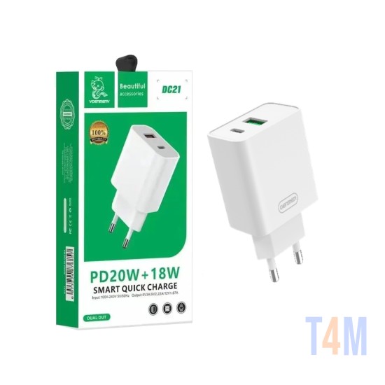 Adaptador Denmen DC21 USB + Tipo C PD20W + 18W Branco